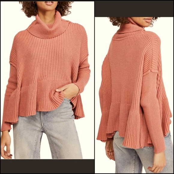 Free People Dusty Pink Ribbed Knit Ruffle Peplum Cowl Neck Turtleneck Sweater - Picture 4 of 8